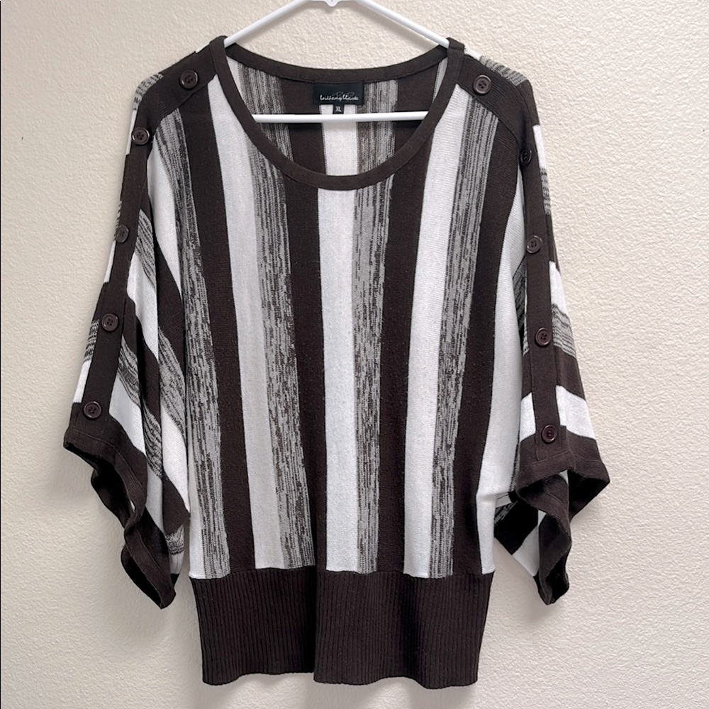 Brittany Black Scoop Neck Brown Striped Sweater, Dolman Sleeve, Kimono, Size XL